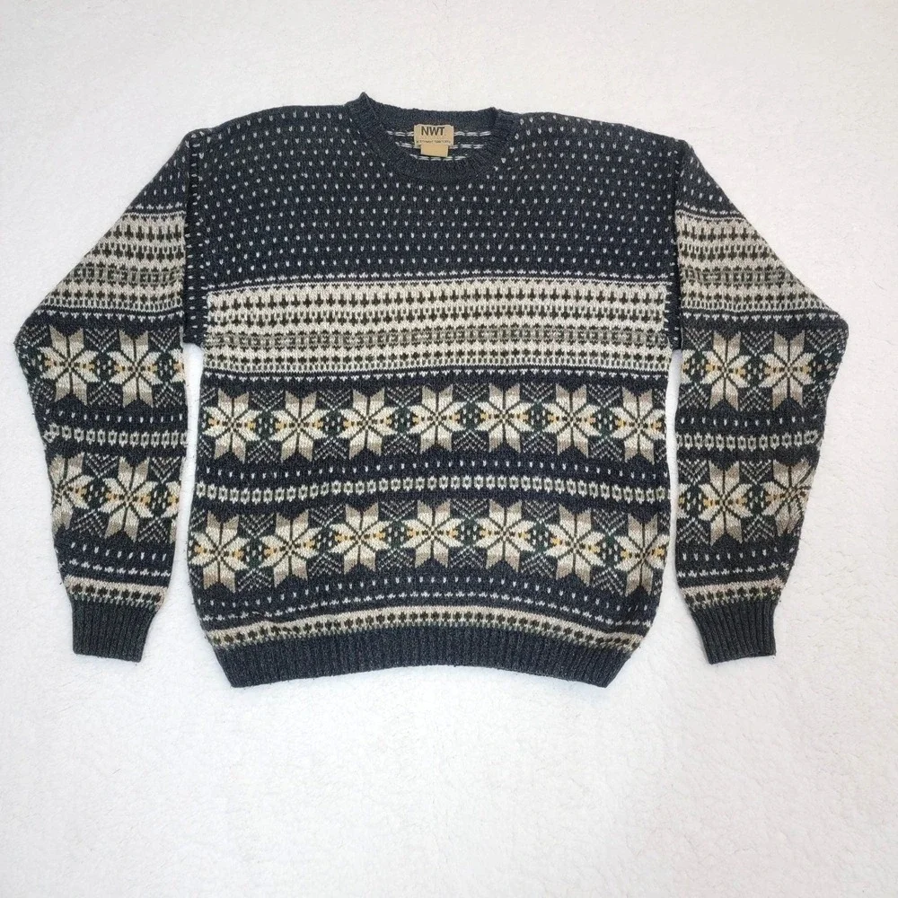 Northwest Territory Fair Isle Sweater Mens Large Navy Blue Wool Blend Vintage